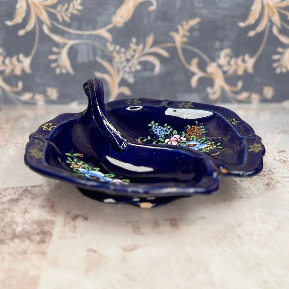 Vintage Tashiro Shoten Japan Cobalt Moriage Divided Candy Nut Dish